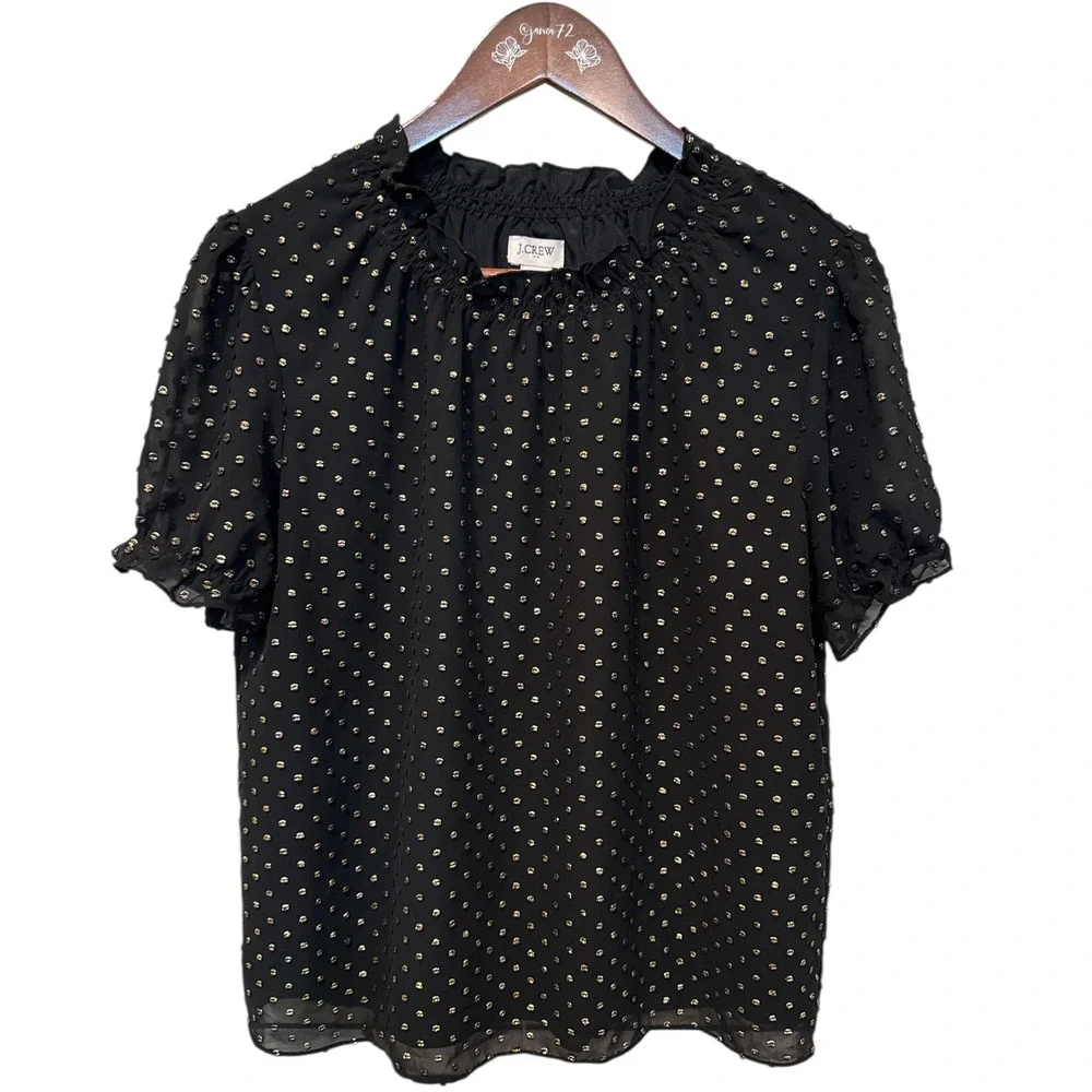 J.Crew‎ Black Gold Metallic Polka Dot Ruffle Neck Puff Sleeve Blouse Sz S